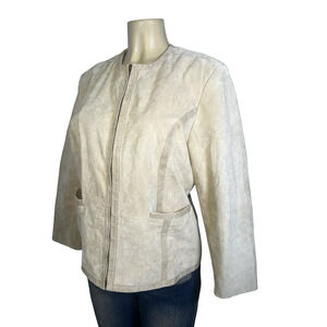 Pamela McCoy Leather Jacket Womens Large Beige Collarless Zip Front Lined Trim